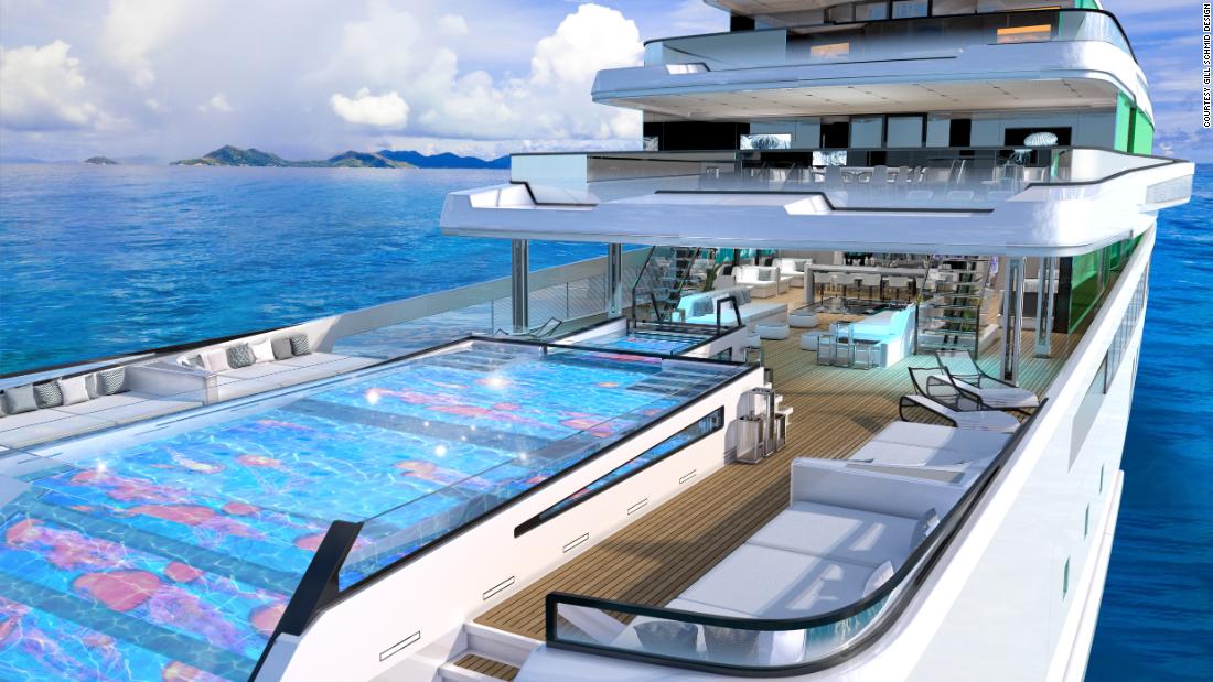The hybrid superyacht concept with five pools and an open-air cinema